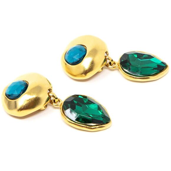 Vintage Ben-Amun Gold Tone Metal Blue Green Faceted Stone Clip On Earrings 2“ - Picture 6 of 9